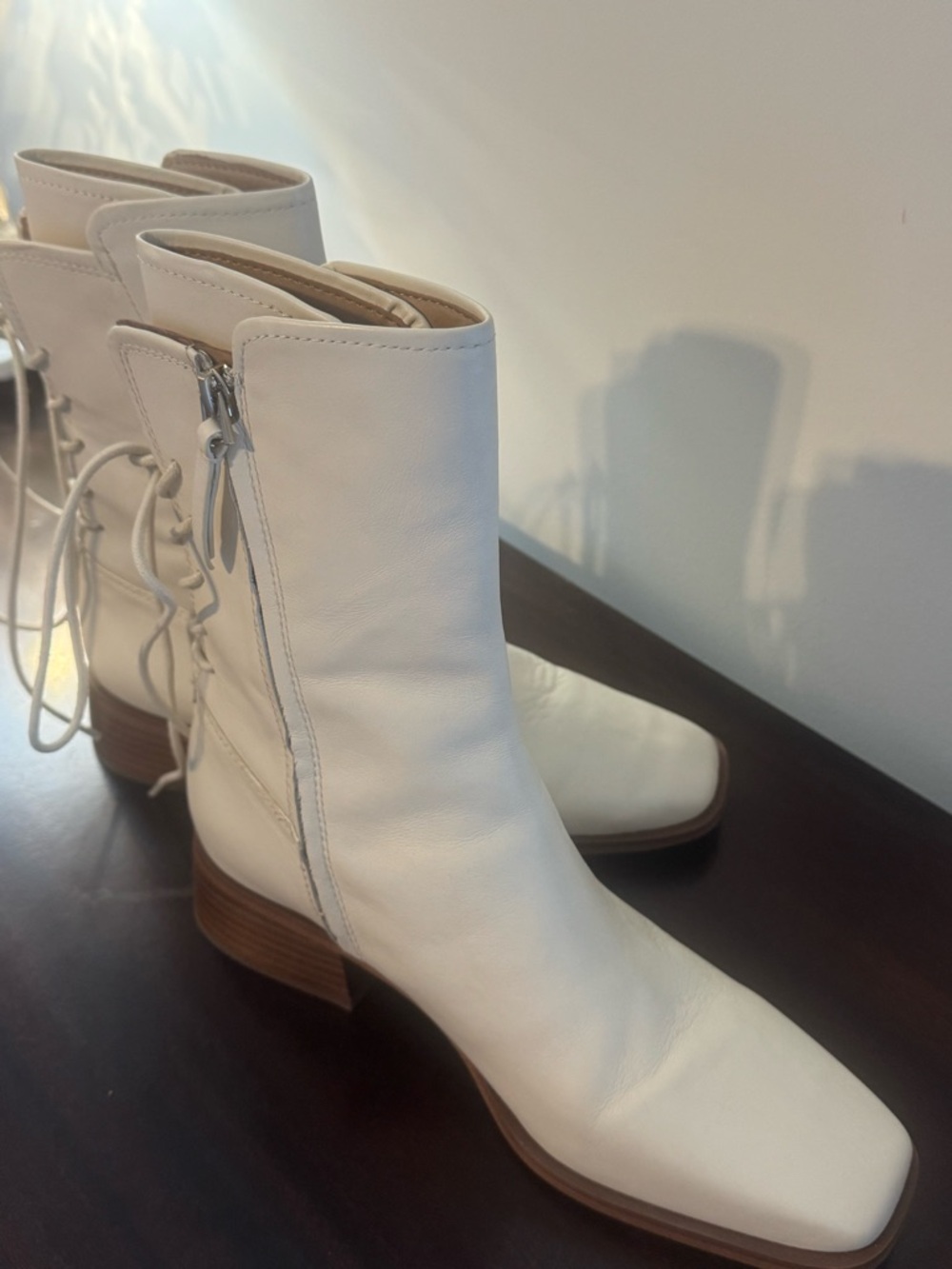 Sam Edelman Cream Lace-Up Mid-Calf Leather Boots - Picture 6 of 7